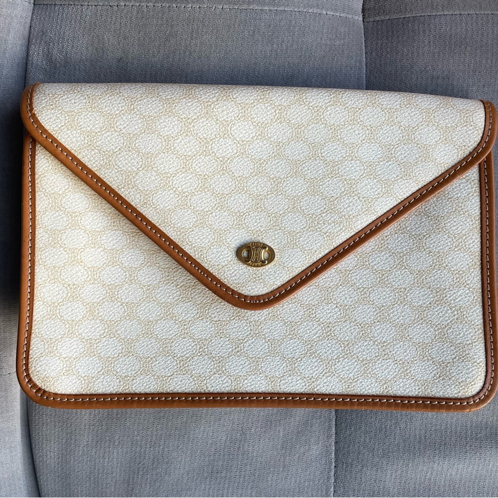 Celine Cream and Brown Leather Envelope Clutch